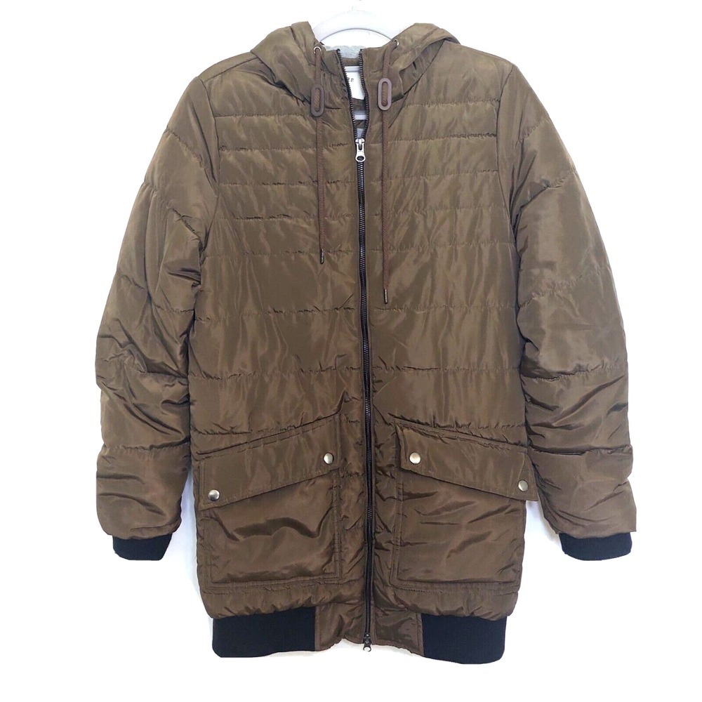 Forever 21 Women Jacket M Puffer Long Zip Hooded Olive‎ Gorpcore Outdoors